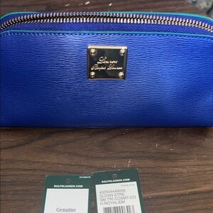 Ralph Lauren Royal Blue  Kelly Green Leather Cosmetic Pencil Pouch Organize NWT